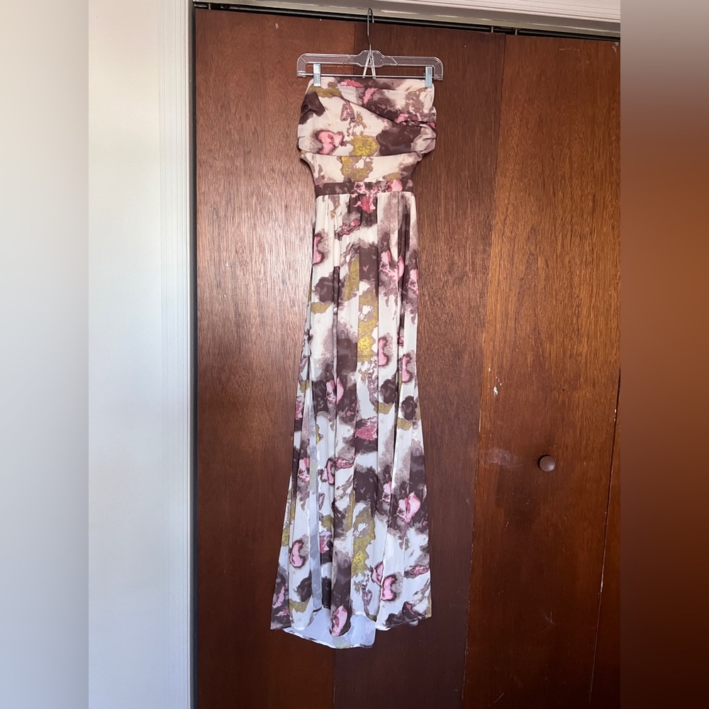 Fashion Nova Strapless Floral Maxi Dress in Pink, Brown and Cream